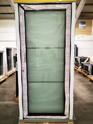 PORTE PVC 2/2 VITRAGE SABLÉ AVEC 2 LIGNES NOIR 980 x 2100mm D